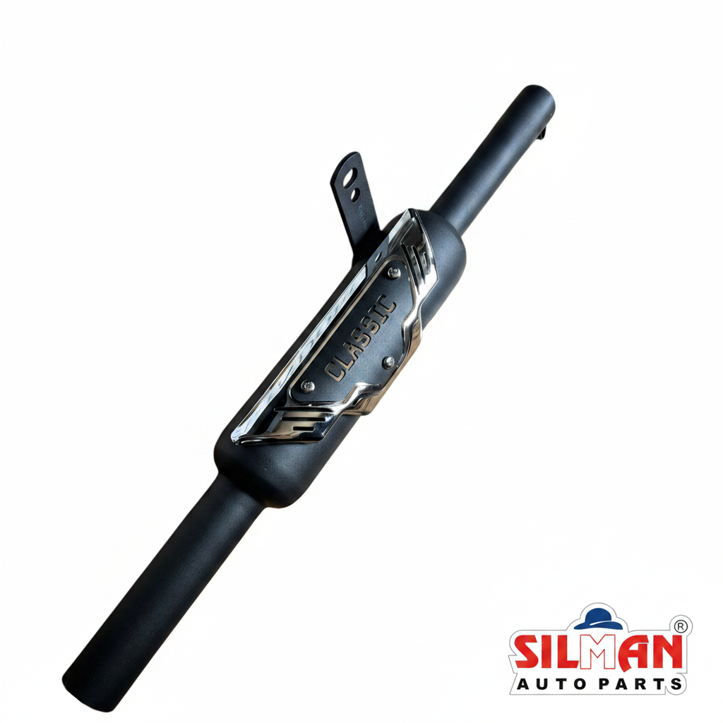 LSA25 SILMAN Bullet Silencer K-Indori Muffler Black Powder Coated with Wings Plate Heat Shield for Bullet Bikes