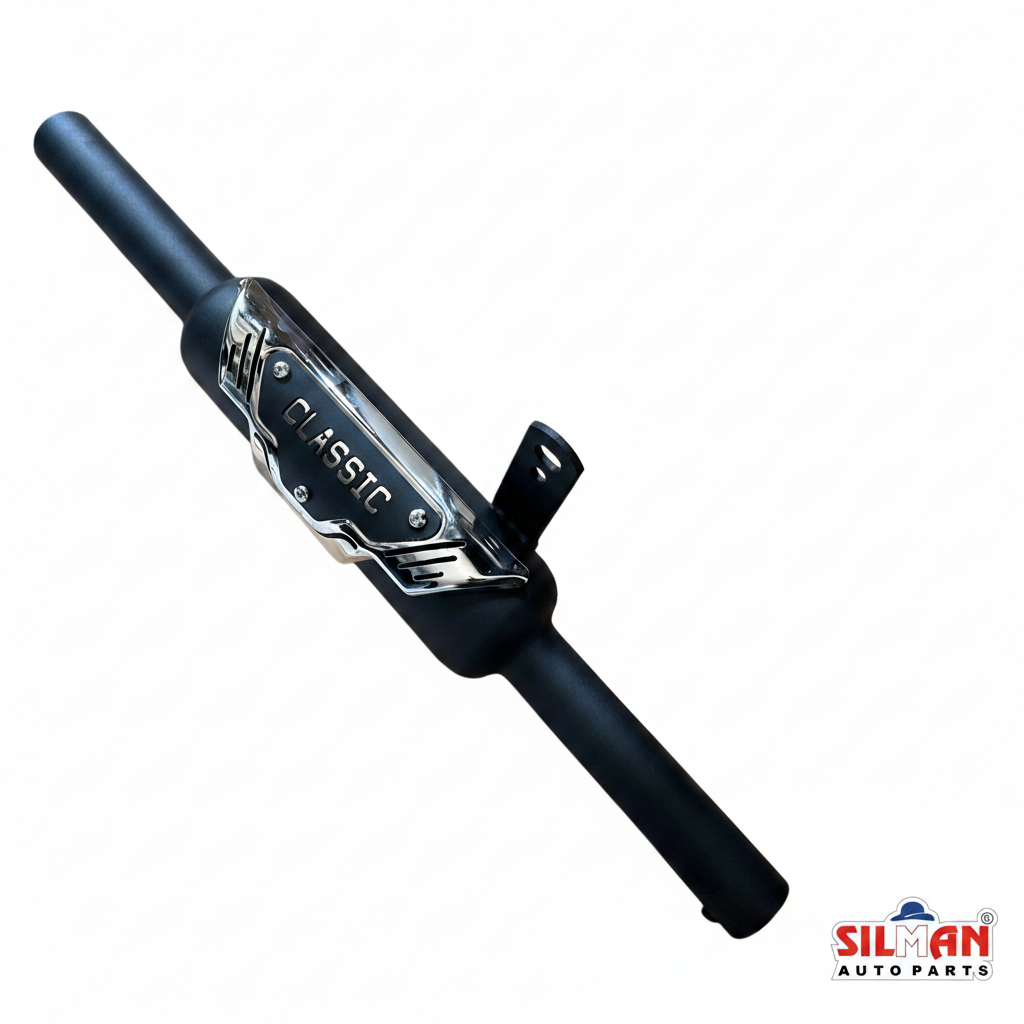 LSA25 SILMAN Bullet Silencer K-Indori Muffler Black Powder Coated with Wings Plate Heat Shield for Bullet Bikes