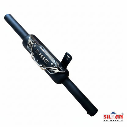 LSA25 SILMAN Bullet Silencer K-Indori Muffler Black Powder Coated with Wings Plate Heat Shield for Bullet Bikes
