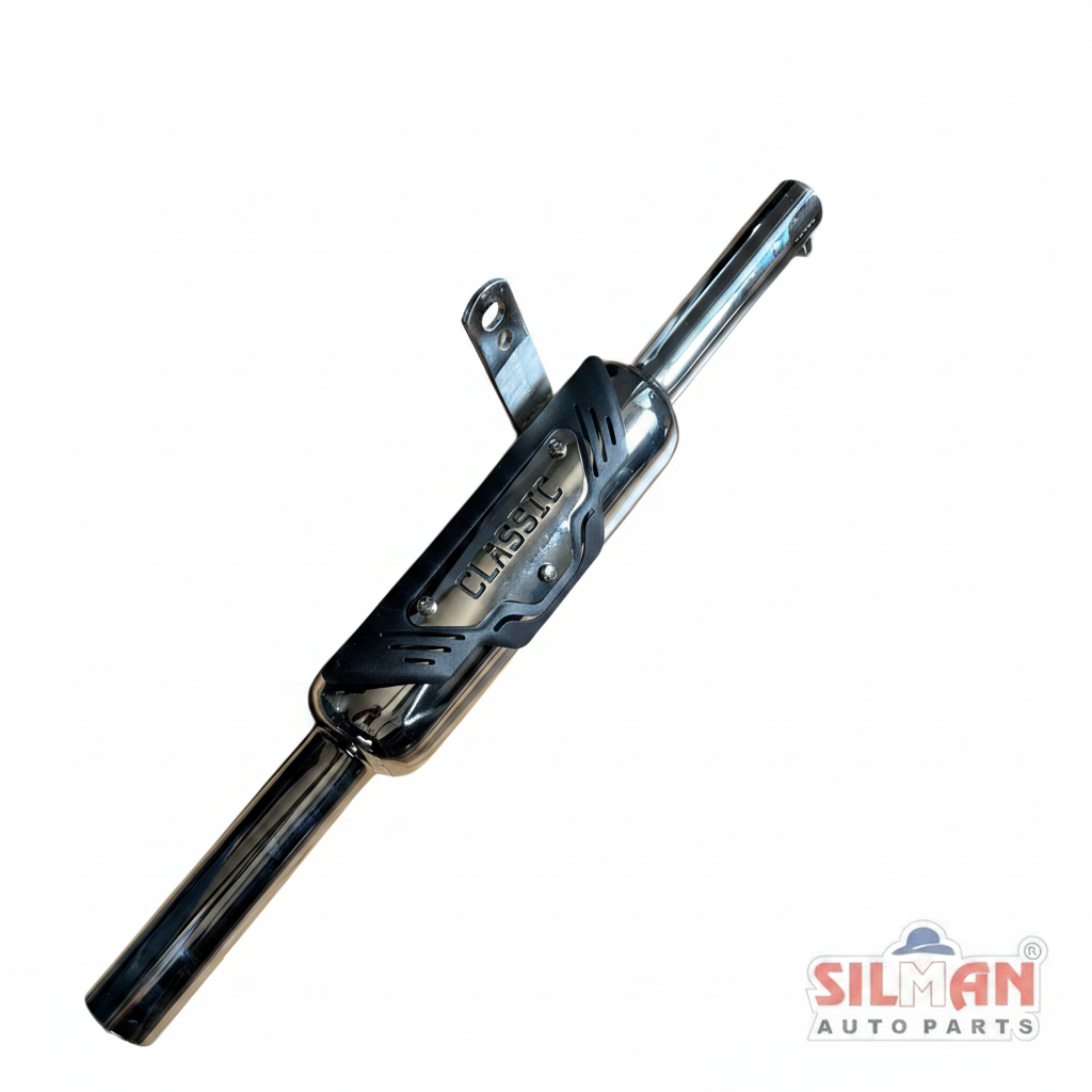 SILMAN LSA24 K-Indori Chrome Plated Exhaust Silencer with Wings Plate for Royal Enfield Bullet – Premium Mirror Finish