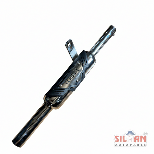SILMAN LSA24 K-Indori Chrome Plated Exhaust Silencer with Wings Plate for Royal Enfield Bullet – Premium Mirror Finish
