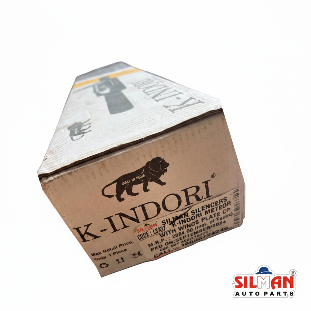 LSA37 SILMAN Bullet Silencer K-Indori Meteor CP with Wings Plate, Brass, Cylindrical, Universal Fit for Classic 350, Extended Long Design