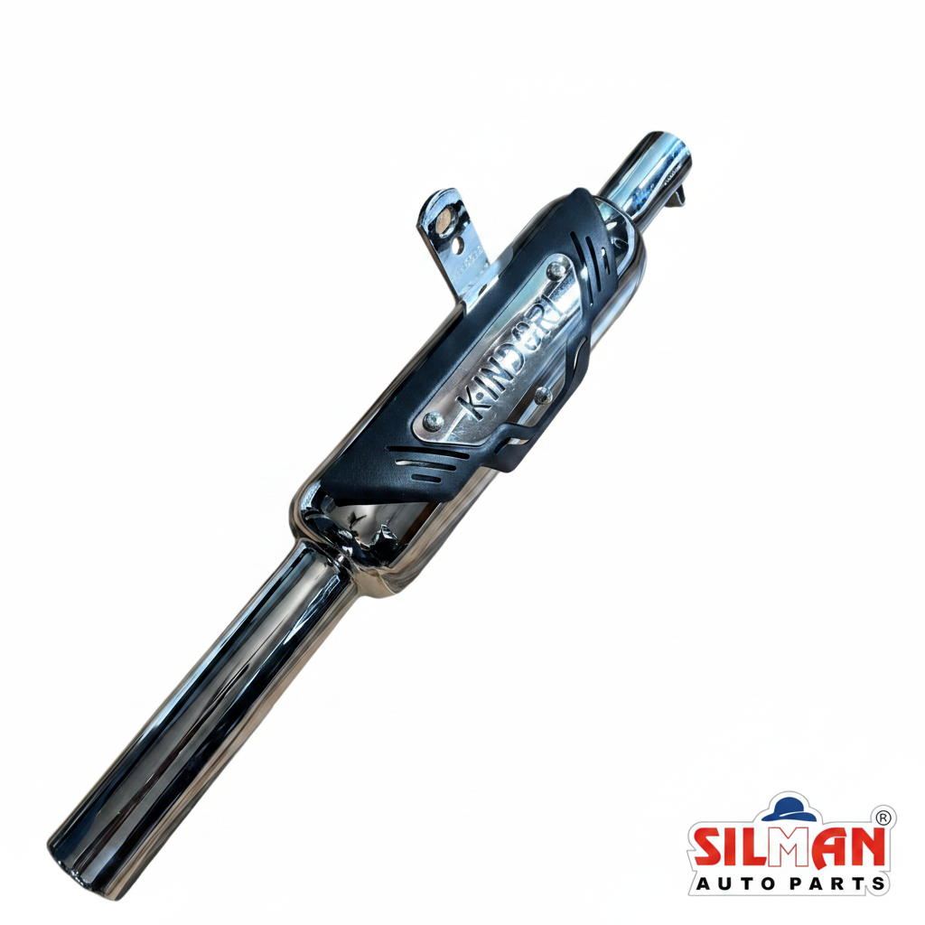 LSA37 SILMAN Bullet Silencer K-Indori Meteor CP with Wings Plate, Brass, Cylindrical, Universal Fit for Classic 350, Extended Long Design