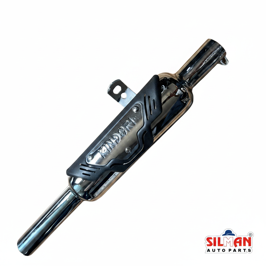 LSA37 SILMAN Bullet Silencer K-Indori Meteor CP with Wings Plate, Brass, Cylindrical, Universal Fit for Classic 350, Extended Long Design